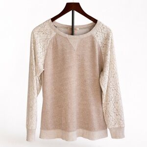PHILOSOPHY REPUBLIC CLOTHING Lace Sleeve Oatmeal French Terry Sweatshirt